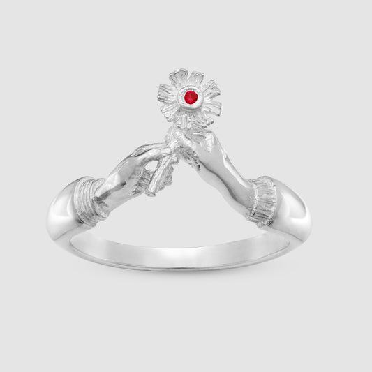 A Flower with Love Ring - Red - Silver