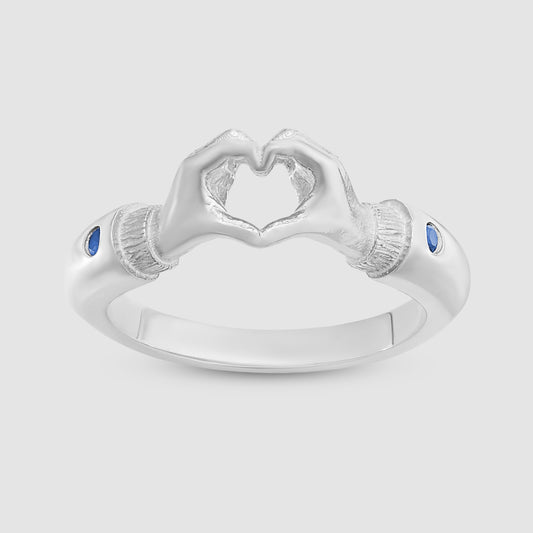 Heart Hands Ring - Blue - Silver