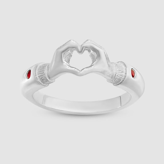 Heart Hands Ring - Red - Silver