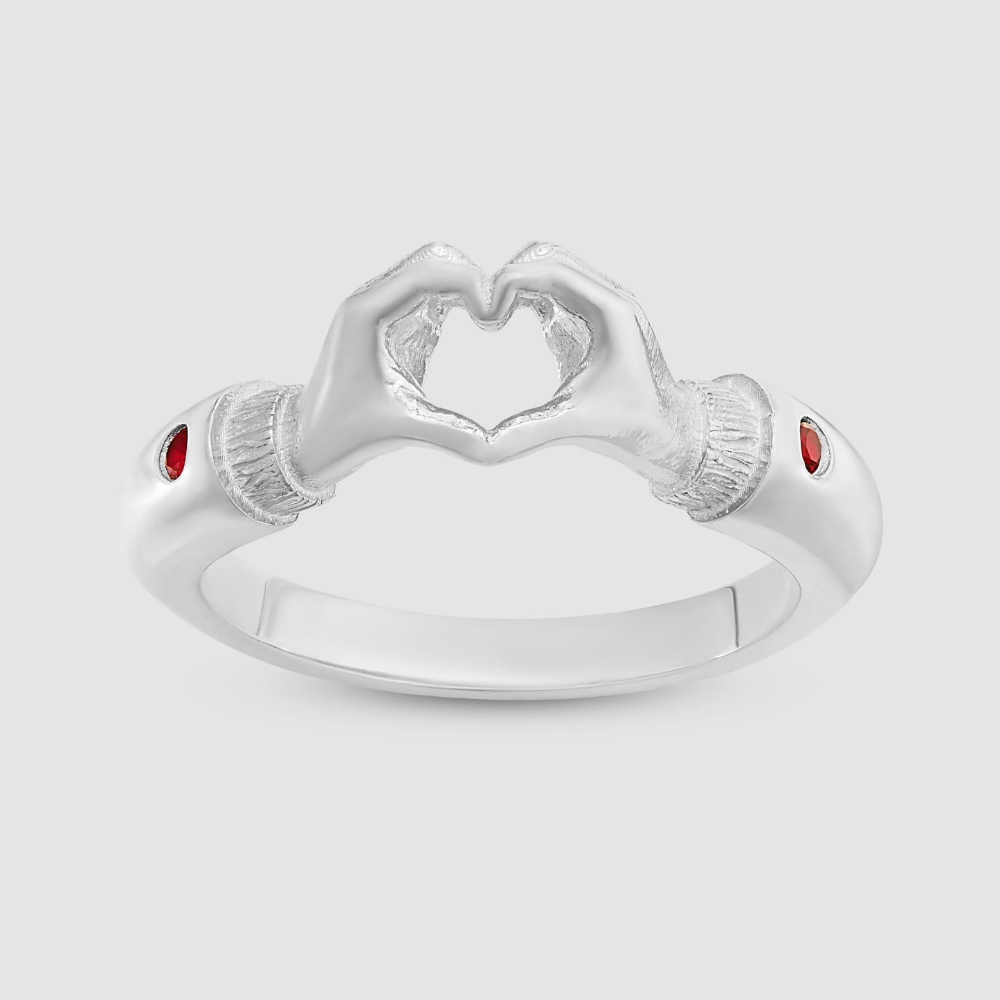 Heart Hands Ring - Red - Silver